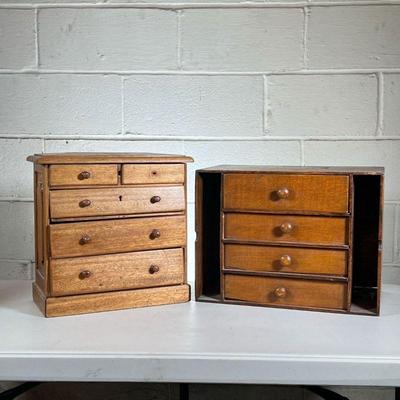  (2pc) Desk Cabinet & Jewellery Box | Desk piece is oak with butterscotch squiggle painted drawers and file openings. Jewellery chest has...