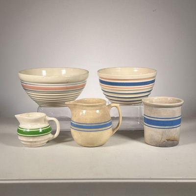  (5pc) Mixing Bowls Lot | Lot includes: (1) Pink Band Bowl Oven proof USA (1) Blue Band Bowl (3) Pitchers and Crock. - h. 4.5 x dia. 9.5 in 