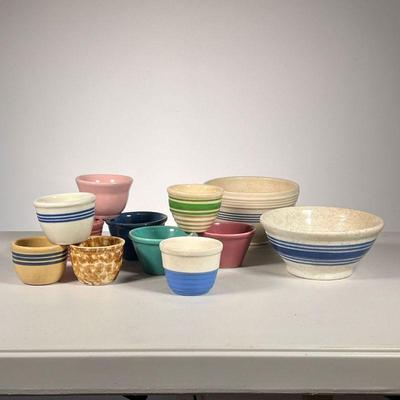 (12pc) Mixing Bowl Lot | Lot includes: (2) Blue Band Bowls (10) Small Bowls. - h. 4 x dia. 6.5 in (Thin Band Blue Bowl) 