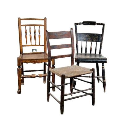 (3pc) Spindle Back - Hitchcock Chairs | Lot includes: (1) Spindle back oak chair (1) Hitchcock chair in black stencil (1) Rabbit ear...