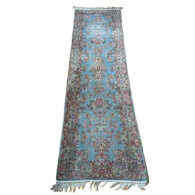 Blue And Pink Runner | Sky blue rug with pink floral pattern. - l. 124 x w. 34 in 