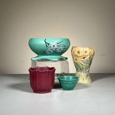 (4pc) Art Pottery Lot W/ McCoy | Lot Includes: (1) McCoy Low planter in green with Dogwood decoration. (1) Small Pot/bowl in green,...