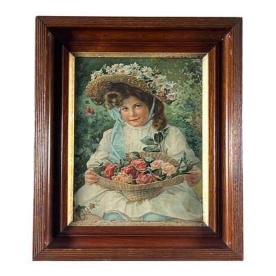 Girl w/ Flowers Print | 19th C Print of Young girl in flowery hat collecting roses. - l. 12 x h. 14 in 