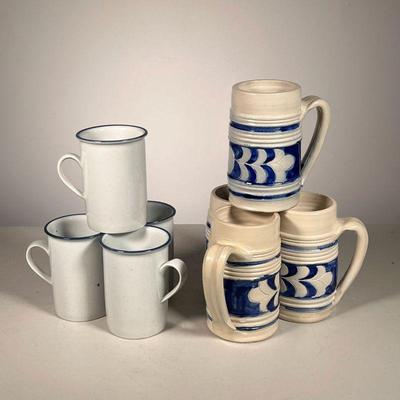 (8pc) Dansk & Stoneware Mugs | Lot includes: (4) Dansk blue & white mugs. (4) Stoneware mugs with blue design. - h. 5.5 x dia. 3 in 