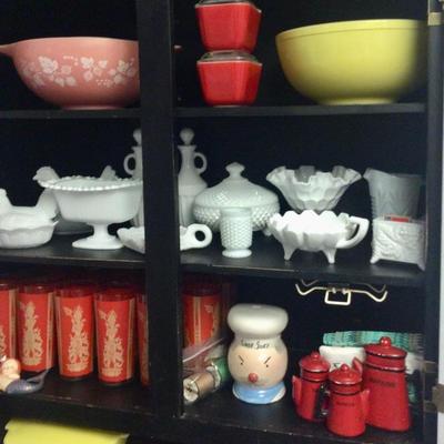 Milk glass, Pyrex, string holder, Asian red tumblers