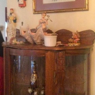 Kitch, oak curved glass curio cabinet