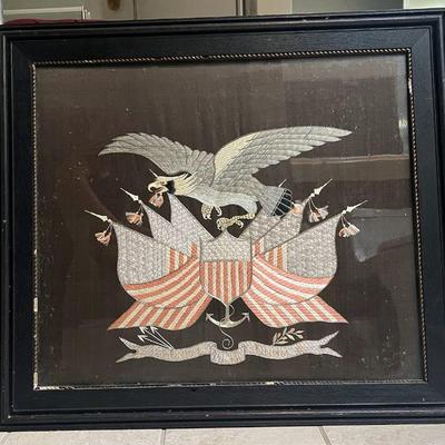 TOI004- Framed Embroidered Patriotic Eagle With Flag
