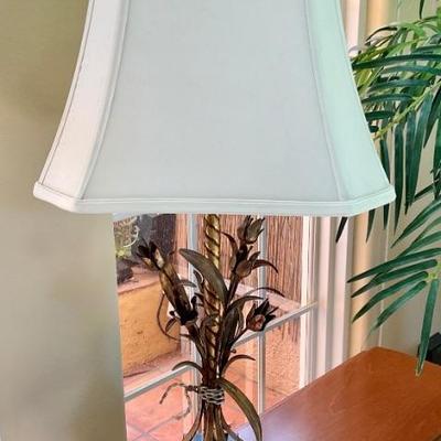 Antique gold floral/roses lamp with marble & wood base