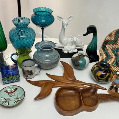 Vintage wood, glass and pottery pieces.