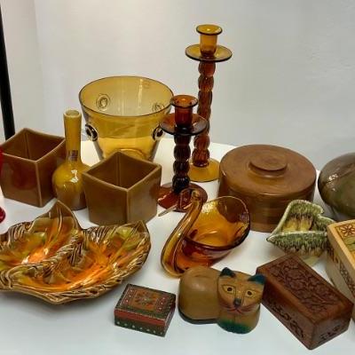 Vintage art glass, pottery and wood pieces