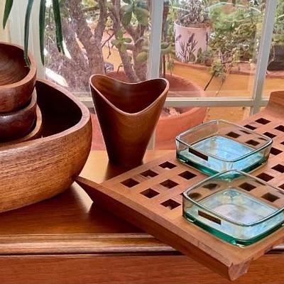 Vintage complete teak wood salad bowl set.  Dansk serving set.