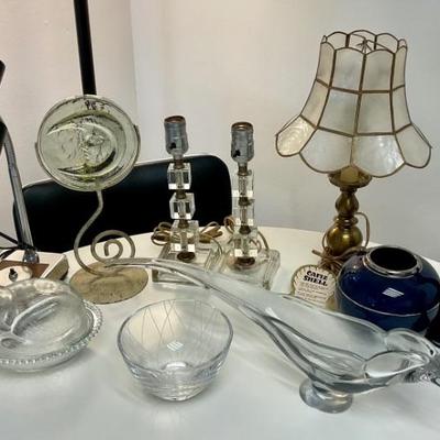 Vintage lamps and glass.