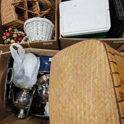 #4504 â€¢ Silver Plate Items, Wicker Baskets, Ice Chest, JVC VCR
