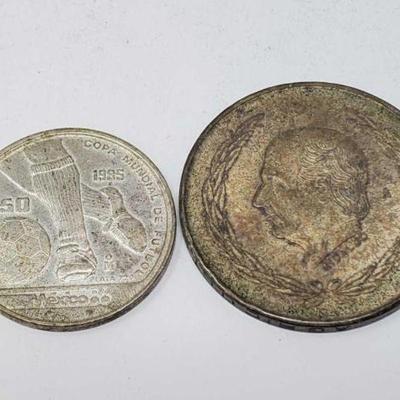 #758 â€¢ Silver Mexico World Cup 1985 Coin & Silver Mexico 5 Pesos Hidalgo 1953 Coin
