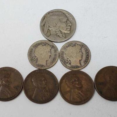 #802 â€¢ (4) 1 Cent Pennies, (2) Barber Dimes, & Buffalo Nickel
