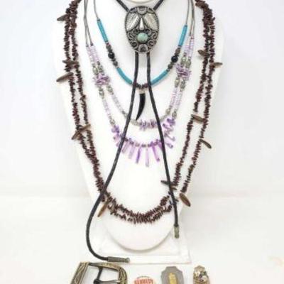 #612 â€¢ Costume Necklaces, Bolo Tie, Belt Buckle & Pins
