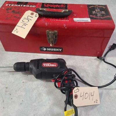 #4014 â€¢ Hyper Tough Electric Drill and Husky Toolbox with Miscellaneous Tools
