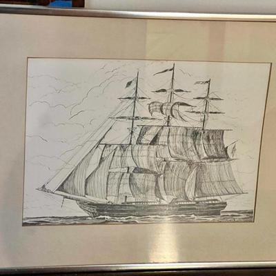 James E. Stuphen Framed Ship Drawing

