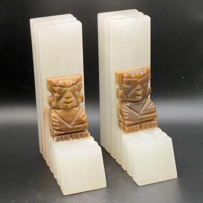 Pair Of Carved Bookends With Aztec Figures
