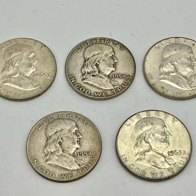 (5) Silver Benjamin Franklin Half Dollar Coins 1954-1963
