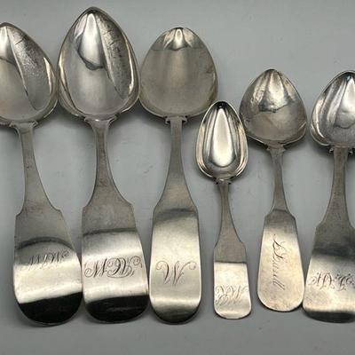 (6) 1800â€™s Antique Coin Silver Spoons: James Watts, N. Harding
