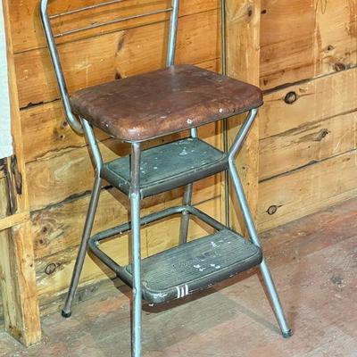 Vintage Cosco Kitchen Metal Step Stool Chair Flip Up Seat Retro Brown, MCM
