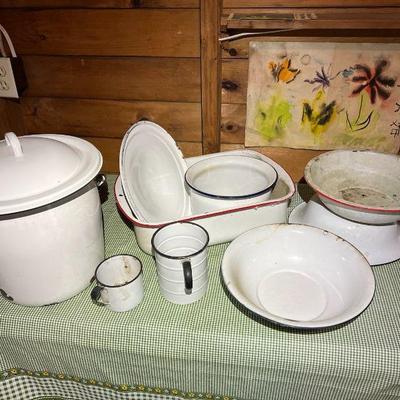 (9) Vintage White Enamel Kitchenware Pieces
