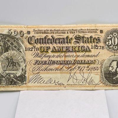 Confederate States Of America $500 Five Hundred Dollar Bill
