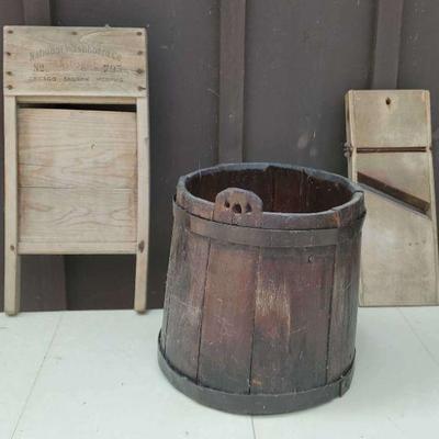 Wooden Decorative Barrel, Mandolin, Washboard
