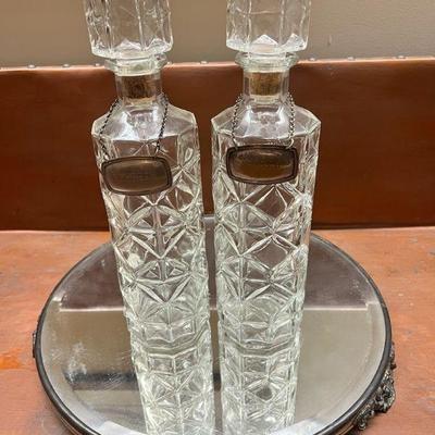 (2) Vintage Decanters With Silverplate Tags And Mirrored Tray
