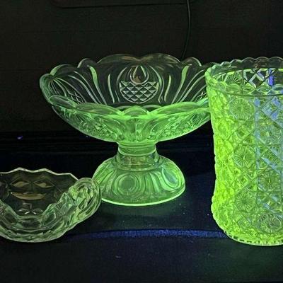 (3) Glowing Antique Crystal Dishes & Vase
