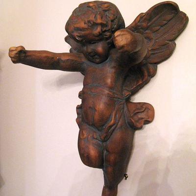 Large Antique Chalk Cherub Wall Sculpture