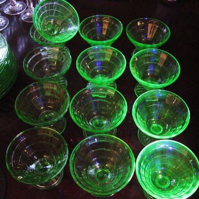 Set of 13 Uranium Glass Sherbet Cups Block Optic