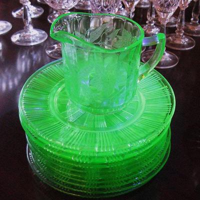 Uranium Green Glowing Depression Glass Plates and Creamer
