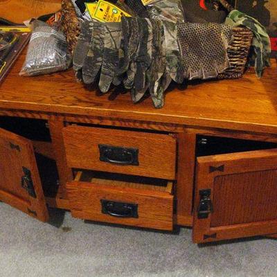 Mission Oak Coffee Table with Cabinets and Drawers / Stetson Hat / Dan Post Cowboy Boots / Camouflage Hats and Gloves
