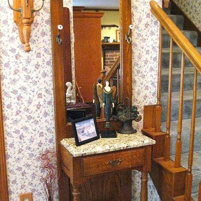 Vintage Oak Hall Tree, Marble and Mirror Entryway Hat Rack