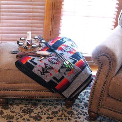 Upholstered Ottoman with Nailhead Trim Wood Feet