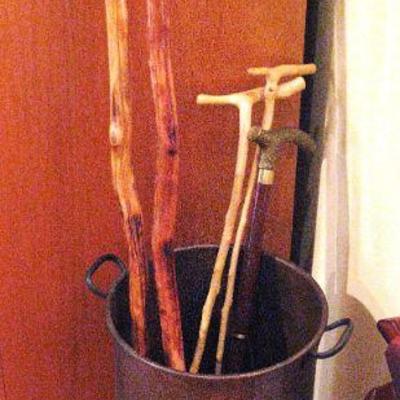Walking Sticks with Leather Straps and Walking Canes / Vintage Copper Umbrella Stand