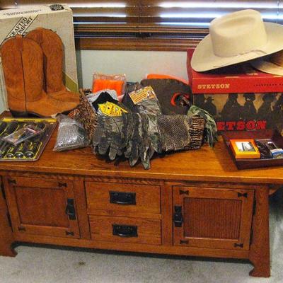 Mission Oak Coffee Table with Cabinets and Drawers / Stetson Hat / Dan Post Cowboy Boots / Camouflage Hats and Gloves
