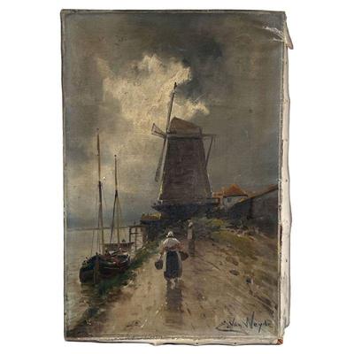 CONTINENTAL SCHOOL (19TH/ 20TH CENTURY) | Windmill scene. Oil on canvas. Showing figures before a windmill and stormy skies along a...