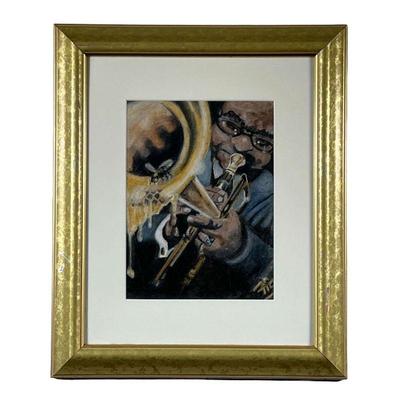 JAZZ TRUMPET PLAYER PRINT | Depicts jazz trumpet player with bee & honey coming out of the horn. 8 x 10.5in sight. 