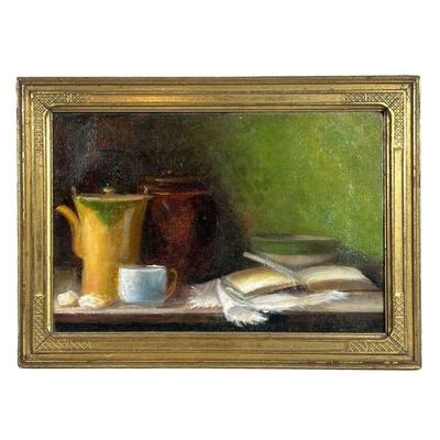 AMERICAN SCHOOL (20TH CENTURY) STILL LIFE | Depicts peaches in woven basket with pears in gilt frame. 