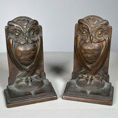 BRONZED OWL BOOKENDS | Bronzed Cast Iron Owl Bookend Pr. Owl on open book. Marked 