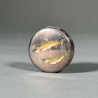 ART ENAMELED TROUT PILL BOX | Sterling silver round pill box hinged lid, decorated with two colorful engraved enamel fish, engraved 