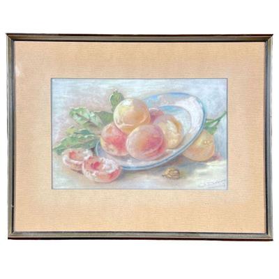 PEACHES PASTEL STILL LIFE | Showing peaches and leaves with a bowl, signed lower right. 