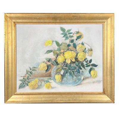 MARY E. JOSELYN (19TH/ 20TH CENTURY) | Signed and dated 1891 still life of yellow roses in round vase. 