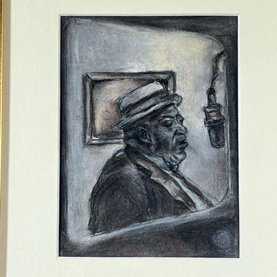 AMERICAN SCHOOL JAZZ DRAWING | At the Microphone crayon on wax paper. 5.75 x 7.5in, sight 