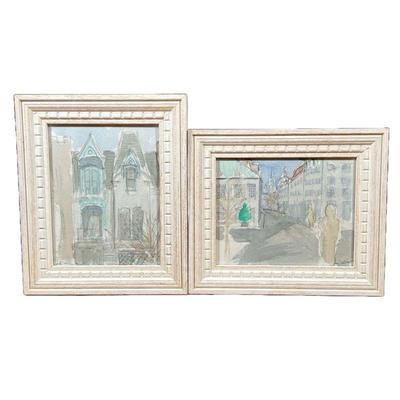(2pc) MODERNIST WATERCOLOR SKETCHES | Depicting city streets and homes in white frame, both indistinctly signed in pencil. 