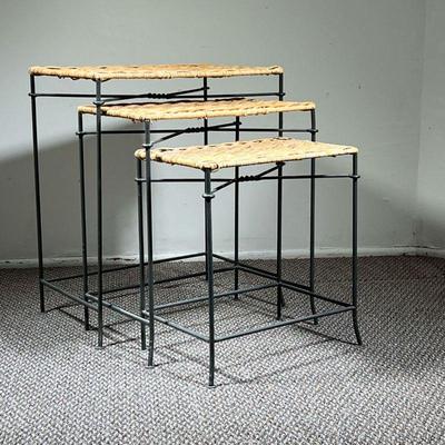 (3pc) MID CENTURY WICKER TABLES | (3) Wicker and Wrought Iron Nesting Tables. - Tallest Table. 