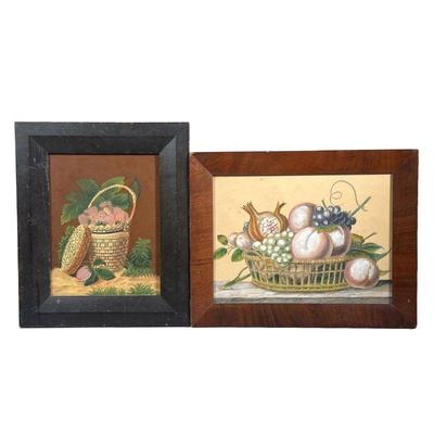 (2pc) STILL LIFE PAINTINGS | Includes 1 pastel fruit basket and one oil painting of fruit on plate. 